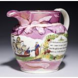 A SUNDERLAND LUSTRE CREAMWARE JUG, C1820-40  transfer printed with ship flanked by figures of a