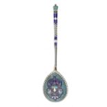 A RUSSIAN  SILVER AND CLOISONNE ENAMEL SPOON  19cm l, 84 standard, cyrillic maker's mark, Moscow