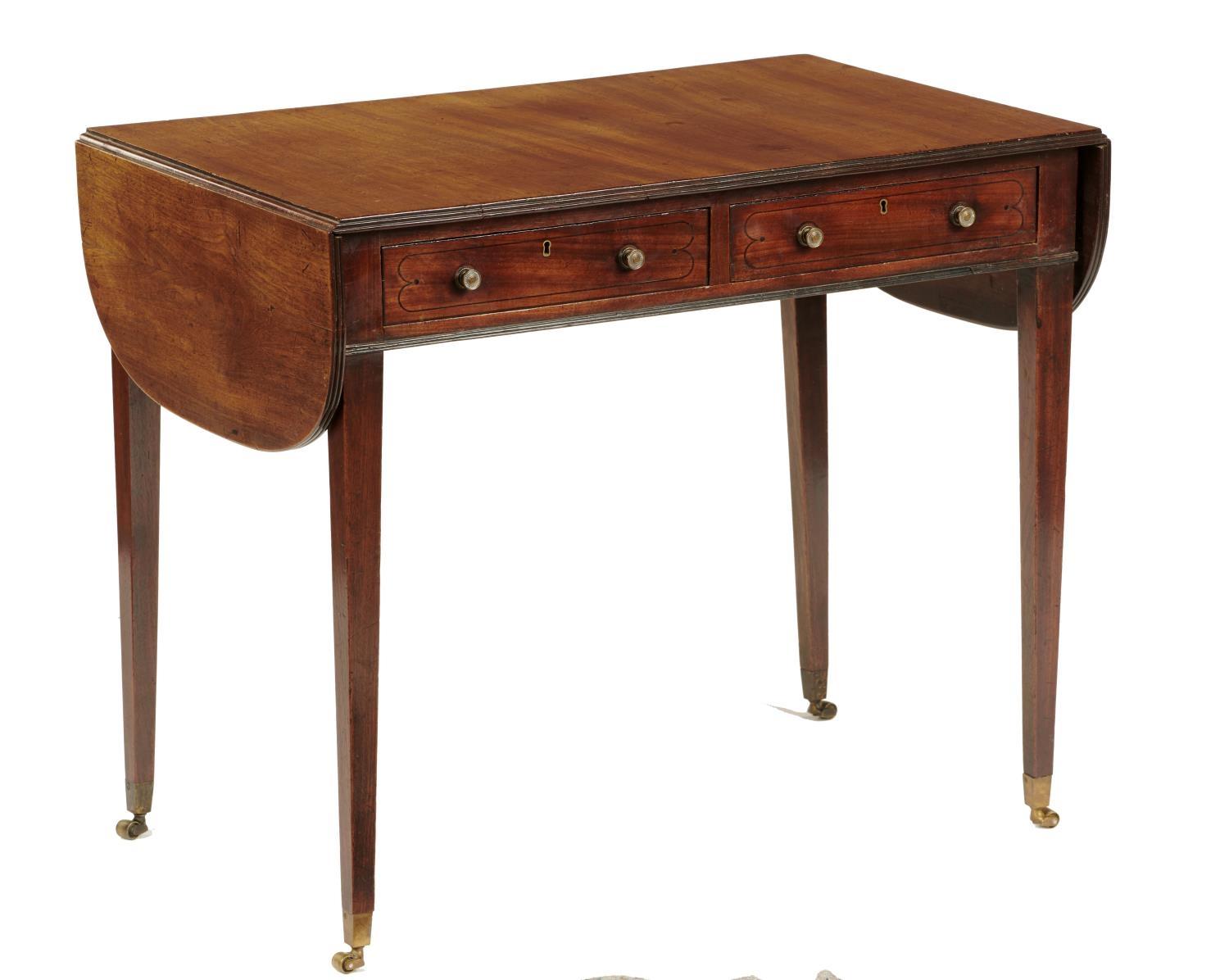 A REGENCY MAHOGANY AND EBONY LINE INLAID WRITING TABLE, EARLY 19TH C with drop leaf top, two drawers