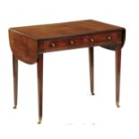 A REGENCY MAHOGANY AND EBONY LINE INLAID WRITING TABLE, EARLY 19TH C with drop leaf top, two drawers