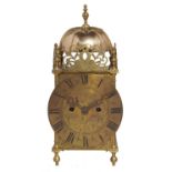 A VICTORIAN BRASS REPLICA LANTERN CLOCK, C1900  with twin fusee movement striking on brass bell,