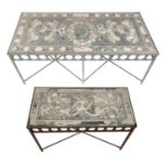 TWO ITALIAN SCAGLIOLA TABLE TOPS, EARLY-MID 19TH C the larger with shield, crown and garland flanked