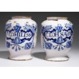 TWO LONDON DELFTWARE DRUG JARS, C1700  of ovoid shape, painted in dark blue apparently by the same