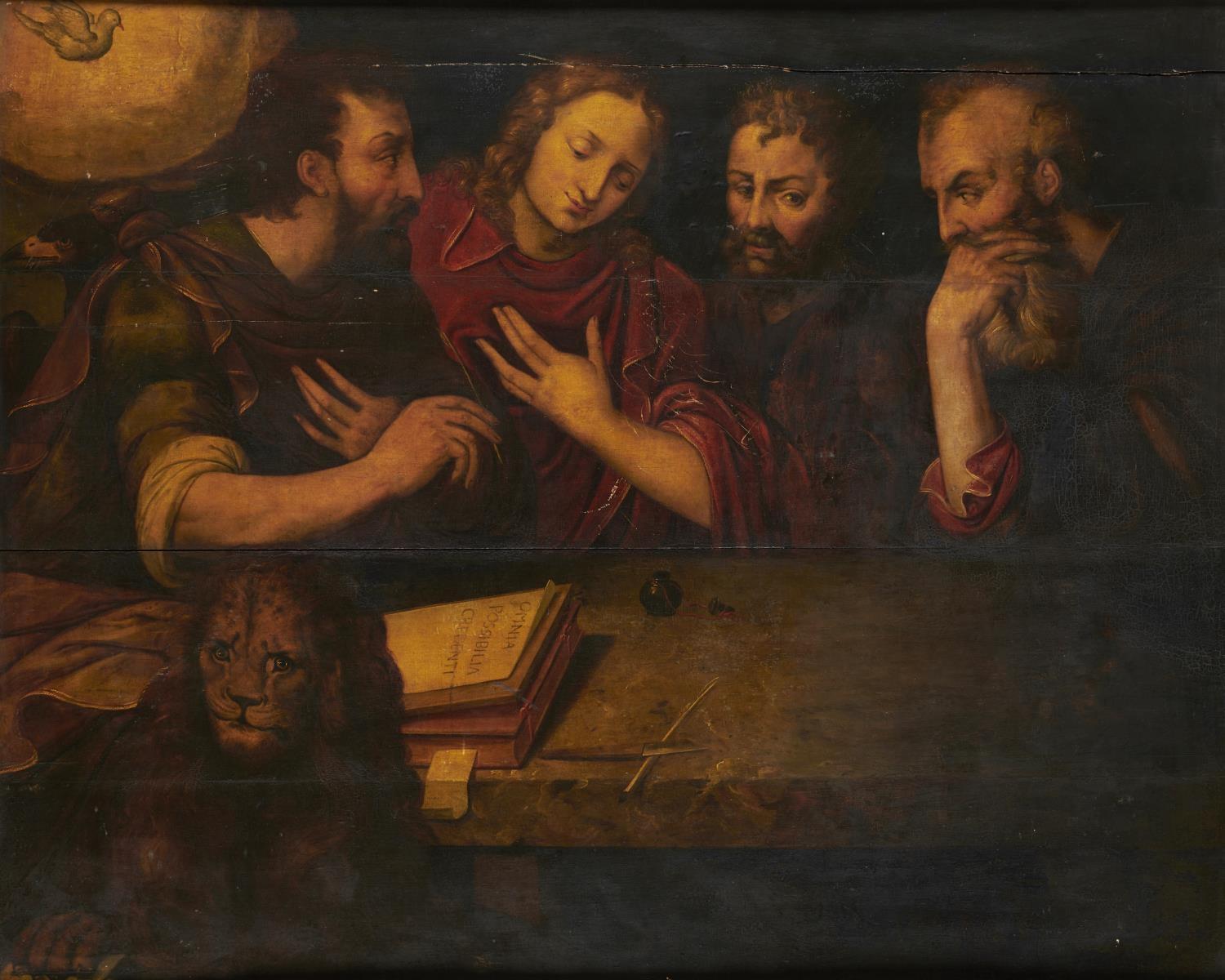 NORTH ITALIAN SCHOOL, 17TH CENTURY THE FOUR EVANGELISTS St Mark with quill in hand above a Gospel