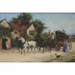 G WILLIAMS, EARLY 20TH CENTURY ARRIVAL OF THE MAIL COACH  signed, oil on canvas, 34.5 x 50cm Good