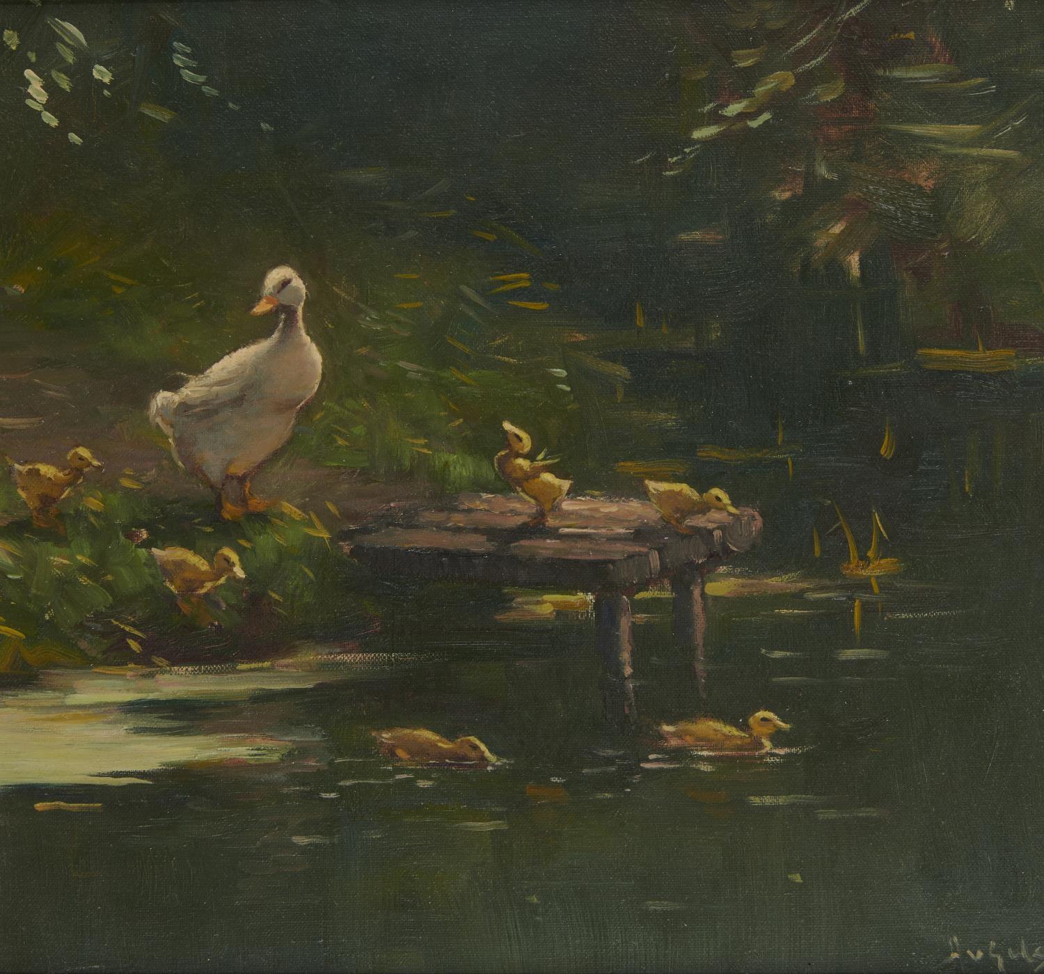 ARNOUT VAN GILST (1898-1982) DUCK AND DUCKLINGS  signed, oil on canvas board, 33.5 x 36cm Ready to