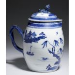 A CHINESE EXPORT PORCELAIN BARREL SHAPED BLUE AND WHITE CIDER JUG AND COVER, LATE 18TH C  with