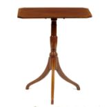 A REGENCY MAHOGANY PEDESTAL TABLE, C1820   the cut cornered, crossbanded tilt top on slender vasular