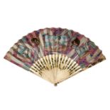 A GERMAN FAN, C1780  the leaf painted with panels or medallions of figures on a pink textile