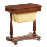 A VICTORIAN BOW ENDED ROSEWOOD WORK TABLE, C1870  the sliding work box covered in pleated yellow
