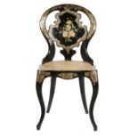 A VICTORIAN PAINTED AND GILT PAPIER MACHE CHAIR, C1850 caned seat, seat 43cm h Some cosmetic
