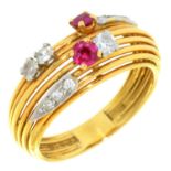 A RUBY AND DIAMOND WIREWORK BAND RING BY ANDREW GRIMA in 18ct gold, mark of H J Co, London 1963, 6g,