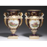 A PAIR OF ENGLISH PORCELAIN EMPIRE STYLE COBALT GROUND VASES, C1820 painted with fancy birds, and to