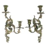A PAIR OF ITALIAN ROCOCO GREEN AND GOLD PAINTED LEAD WALL LIGHTS, 18TH C  39cm h Elements slightly