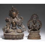 TWO SOUTH EAST ASIAN GILT LACQUERED BRONZE SCULPTURES OF BODHISATTVAS, 19TH C OR EARLIER 16 & 21cm h