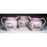 THREE SUNDERLAND LUSTRE JUGS, SECOND QUARTER 19TH C  two similarly decorated with prints of