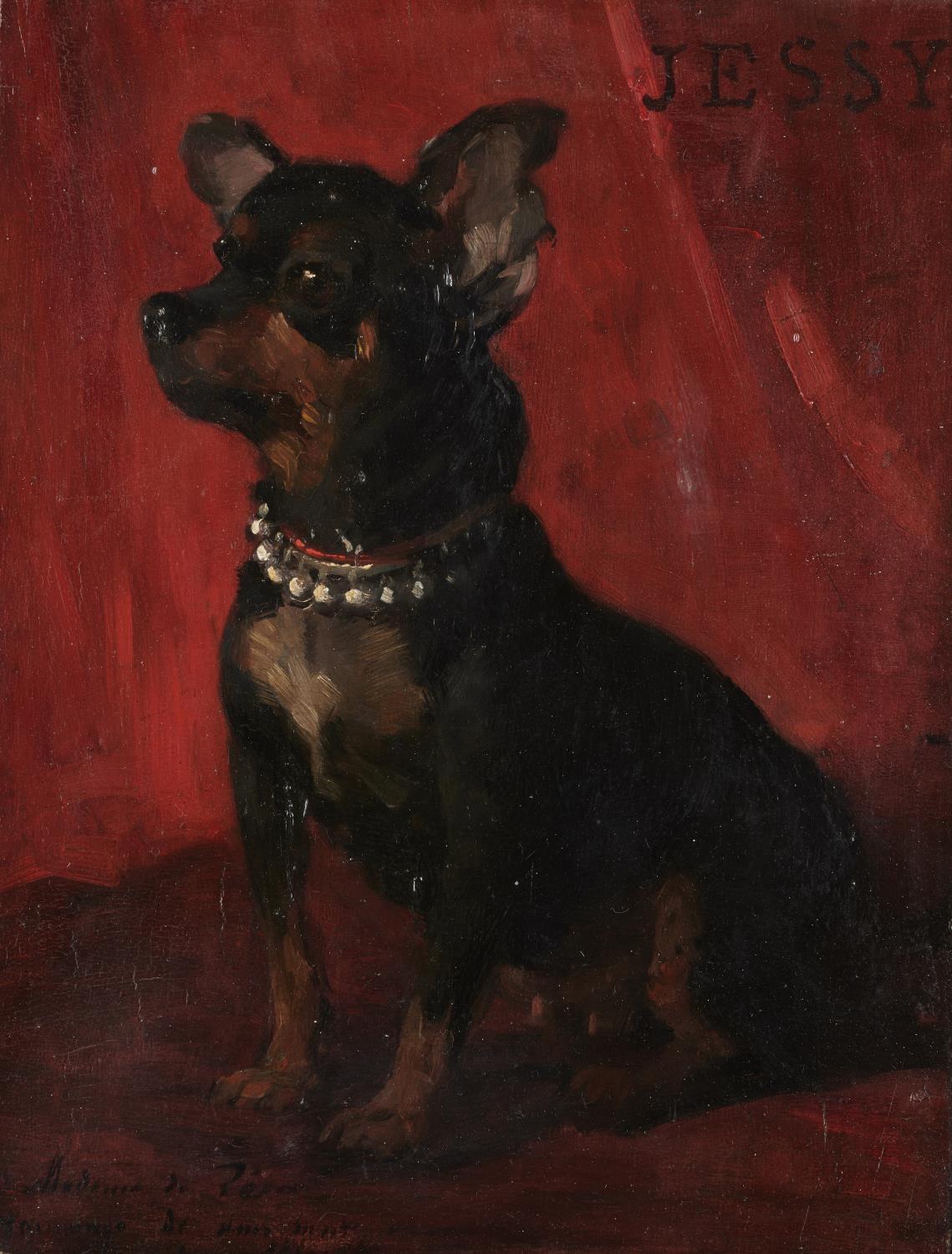 FRENCH SCHOOL, LATE 19TH CENTURY PORTRAIT OF "JESSY", A BLACK AND TAN TOY TERRIER  indistinctly