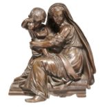 A FRENCH BRONZE SCULPTURE OF A CLASSICAL WOMAN EMBRACING A CHILD, LATE 19TH C  rich dark brown
