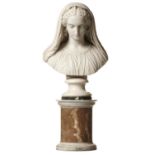 19TH CENTURY SCHOOL VEILED BUST OF A YOUNG WOMAN  statuary marble on integral socle and turned