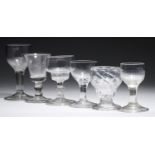SIX VARIOUS ENGLISH DRINKING GLASS, 18TH C including a double ogee honeycomb moulded Monteith or