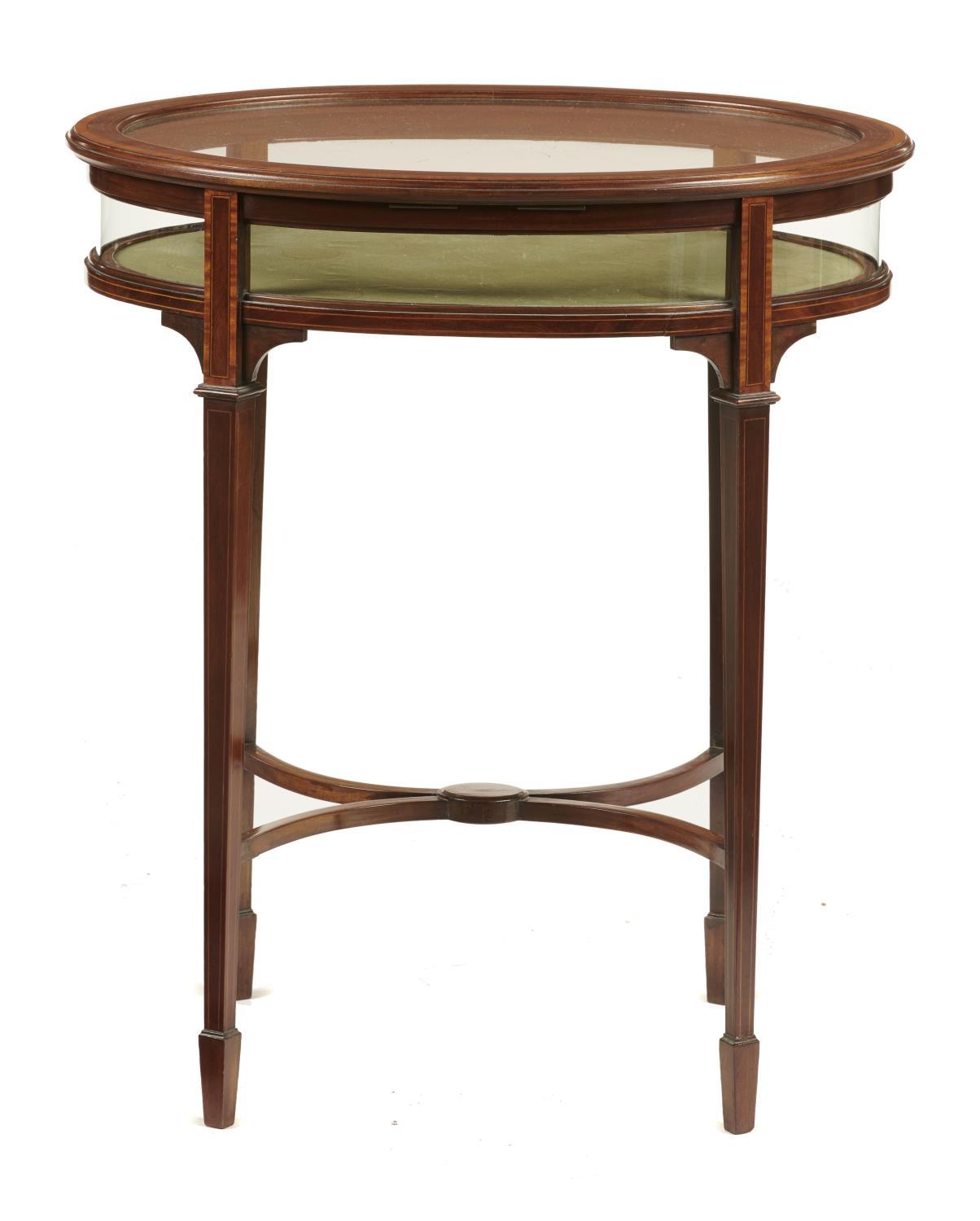 A VICTORIAN OVAL MAHOGANY, SATINWOOD AND LINE INLAID DISPLAY TABLE, C1900  on square tapered legs