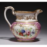 A GRAINGER WORCESTER PINK GROUND JUG, C1830 painted to either side with brightly coloured flowers
