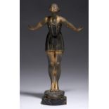 HENRI FUGERE (1872-1944) ONDINE patinated and gilt spelter statuette on portor marble base, 37cm h