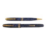 A CONWAY STEWART CROSS HATCHED BLUE LEVER FOUNTAIN PEN AND PENCIL SET, MID 20TH C   original box