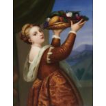 A BERLIN PORCELAIN PLAQUE, LATE 19TH C painted after Titian with a Girl with a Platter of Fruit,