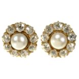 A PAIR OF CULTURED PEARL AND DIAMOND EARRINGS in gold, unmarked, 10 mm diam, 2.3g Pearls and