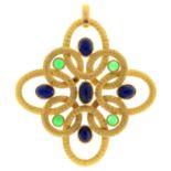 A FRENCH LAPIS LAZULI AND CHALCEDONY PENDANT in gold, formed of linked circles and ovals, 7.5cm,