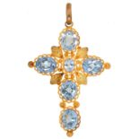 A LIGHT BLUE SPINEL CROSS, POSSIBLY GERMAN, 19TH C  in two colour gold filigree,  7cm l excluding