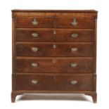 A GEORGE III MAHOGANY CHEST OF DRAWERS with barber pole stringing and moulded drawers flanked by