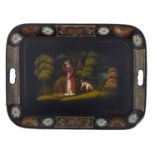 A VICTORIAN JAPANNED TEA TRAY, EARLY 19TH C,  painted in polychrome with an elegant lady with