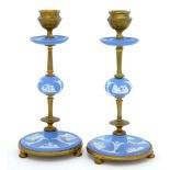 A PAIR OF GILT GRASS MOUNTED WEDGWOOD BLUE JASPER WARE CANDLESTICK, C1870