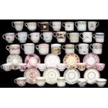 A STUDY COLLECTION OF ENGLISH PORCELAIN TEA CUPS AND SAUCERS AND COFFEE CANS AND CUPS, C1790-