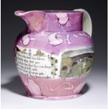 A SUNDERLAND LUSTRE PINK MARBLED GROUND CREAMWARE JUG, PROBABLY GARRISON POTTERY, C1820-40 with