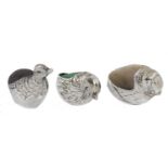 A EDWARD VII SILVER CHICK NOVELTY PIN CUSHION AND TWO OTHERS SIMILAR OF LATER DATE  approx 2.5cm,