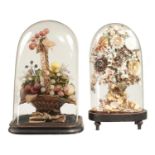A VICTORIAN SHELL WORK FLOWER DOME ORNAMENT AND A CONTEMPORARY VICTORIAN BONNET BASKET OF WAX FRUIT,