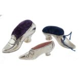 THREE VICTORIAN AND GEORGE V SILVER LADY'S SHOE NOVELTY PIN CUSHIONS  7-9cm l, all Birmingham, two