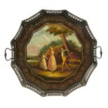 A TOLE PEINTE TEA TRAY,  EARLY 19TH C painted with three children, one blowing a horn beneath a tree