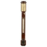 A VICTORIAN FINELY FIGURED BOW FRONTED MAHOGANY AND EBONY LINE INLAID STICK BAROMETER DOLLOND