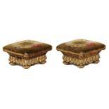 A PAIR OF VICTORIAN  GILTWOOD FOOTSTOOLS, C1850 of square shape covered in contemporary floral