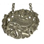 A GEORGE III CAST AND PIERCED SILVER CHERUB AND BANNER WINE LABEL - MADEIRA 6.5cm l, by Edward