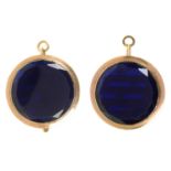 A PAIR OF GEORGIAN FOILED BLUE 'VAUXHALL' GLASS EARRINGS in gold, unmarked, 2.3 cm diameter, 11.5g