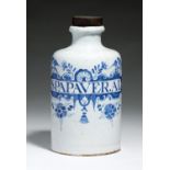 A RARE LONDON DELFTWARE BOTTLE SHAPED DRUG JAR, C1740-50  cylindrical with slightly waisted neck and