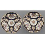 A PAIR OF WORCESTER SCALE BLUE GROUND SOUP PLATES, C1770 painted with floral reserves in slightly