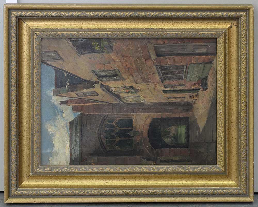 VICTORIAN SCHOOL YARD IN AN OLD TOWN WITH SEATED CHILD  oil on canvas, 43 x 32cm Good condition, - Bild 2 aus 3