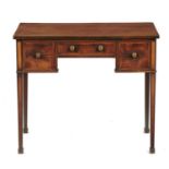 A GEORGE III FRUITWOOD AND INLAID LOWBOY, C1800 with three oak lined drawers and embossed brass drum