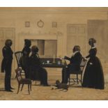 ENGLISH PROFILIST, C1840  SILHOUETTE OF A FAMILY OF FIVE LADIES AND GENTLEMEN AND THEIR CAT IN A